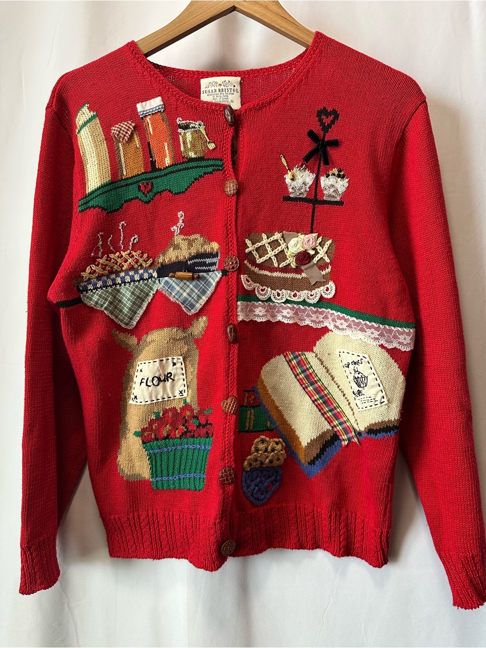 Susan Bristol Vtg Wool Baking Cardigan Sweater Hand Embroidered Grandmacore 90